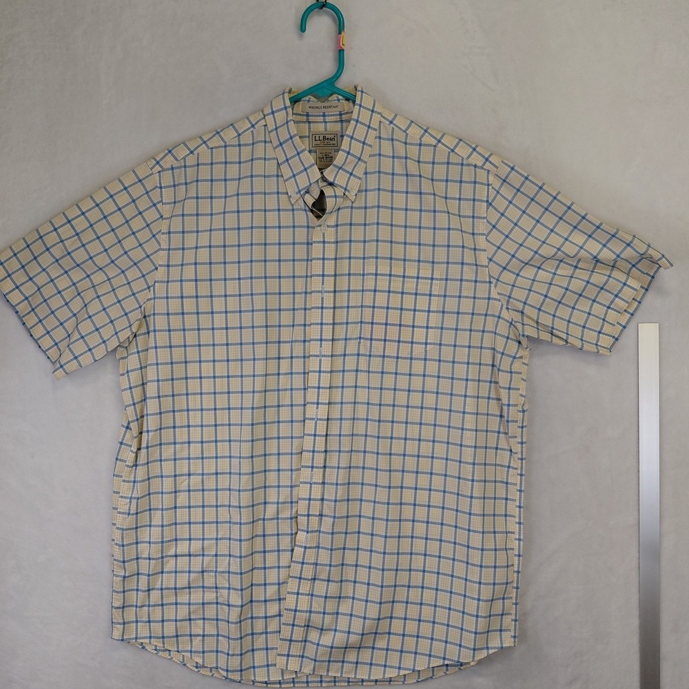 LL Bean Mens Large Blue Yellow Plaid Wrinkle Resistant SS Button Down 283785
